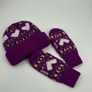 Vintage acrylic kids Purple Heart beanie and gloves